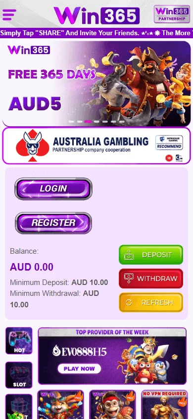 Win365 Casino mobile home screen for Australian players