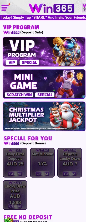 Win365 Casino mobile promotions screen showing Win365 bonus offers