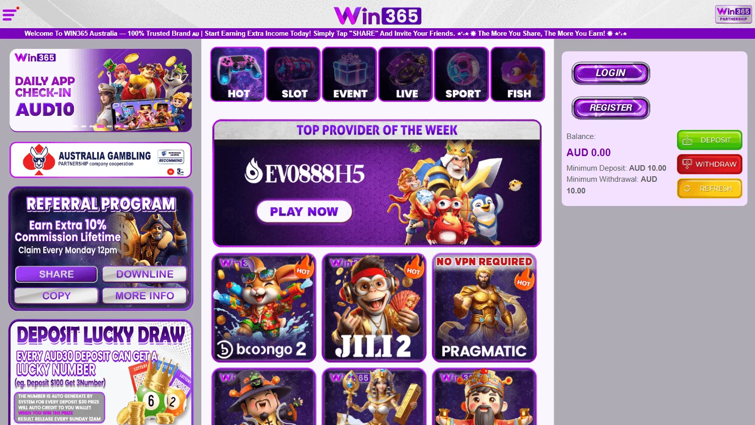 Win365 Casino desktop home screen with the casino offer for Australian players