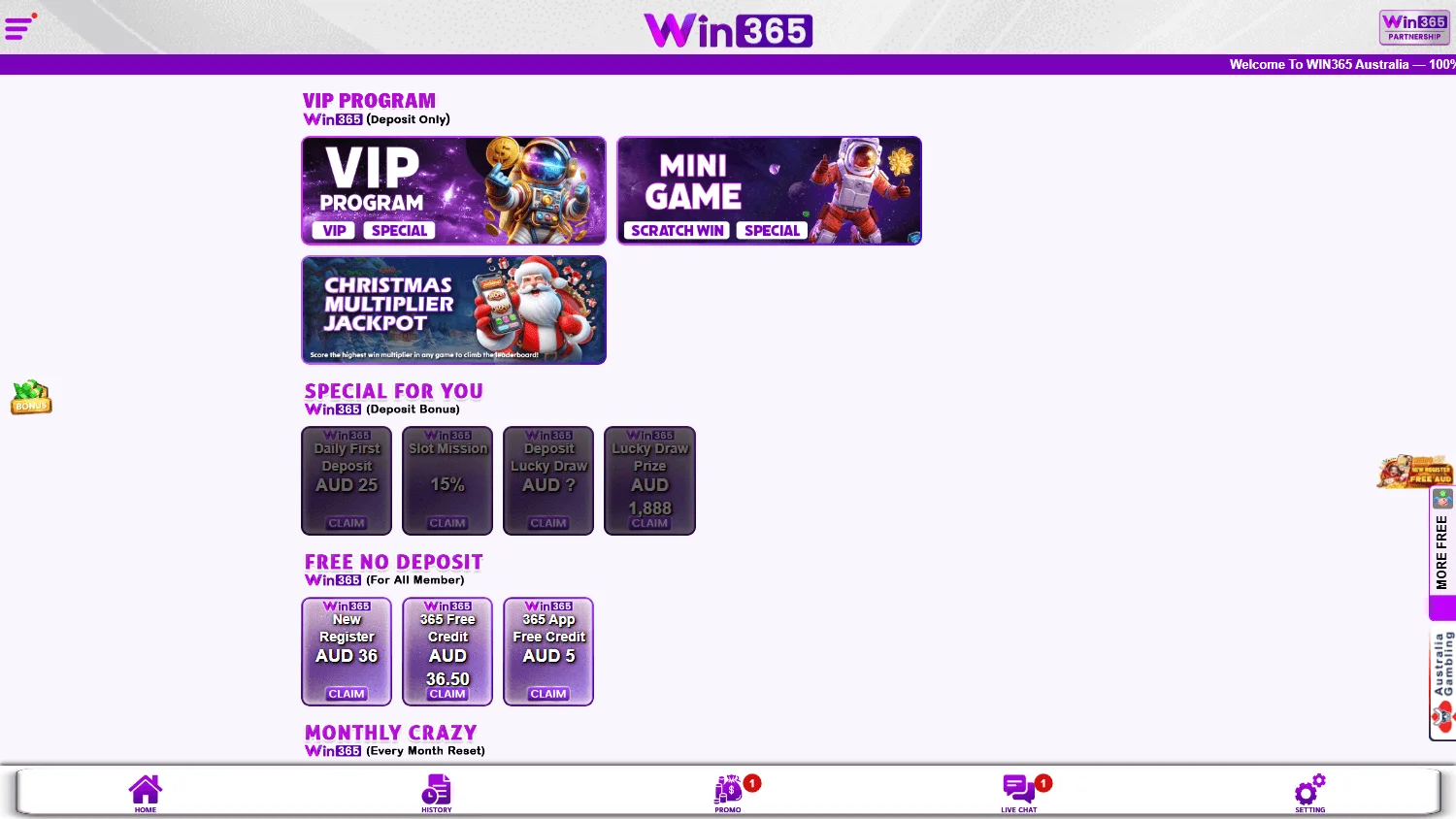 Win365 Casino desktop promotions screen showing the available bonus offers